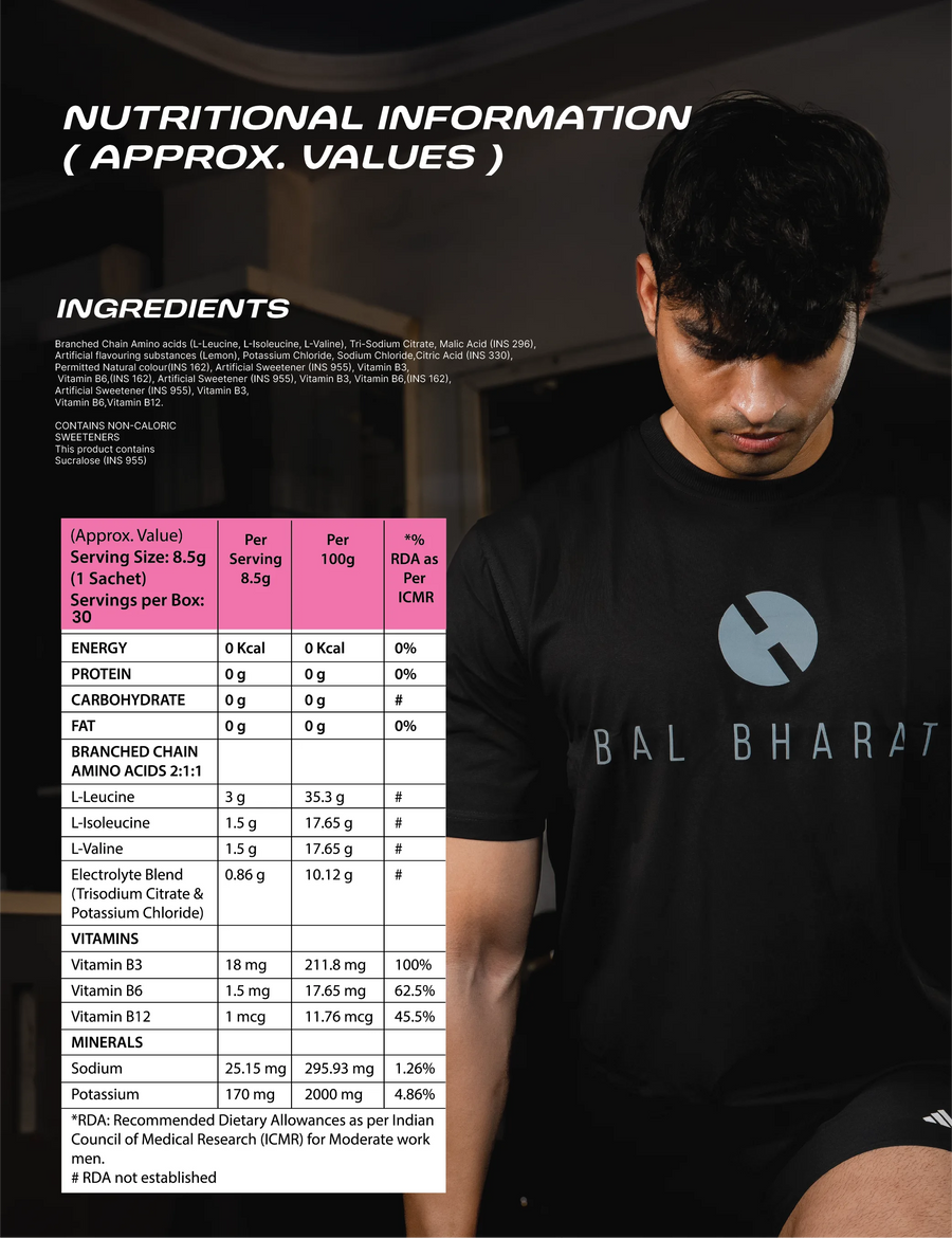 Bal Bharat BCAA 2:1:1 | 10g Per Serving, Pink Lemonade, Pouch | L-Leucine, L-Isoleucine, L-Valine, Recovery & Endurance
