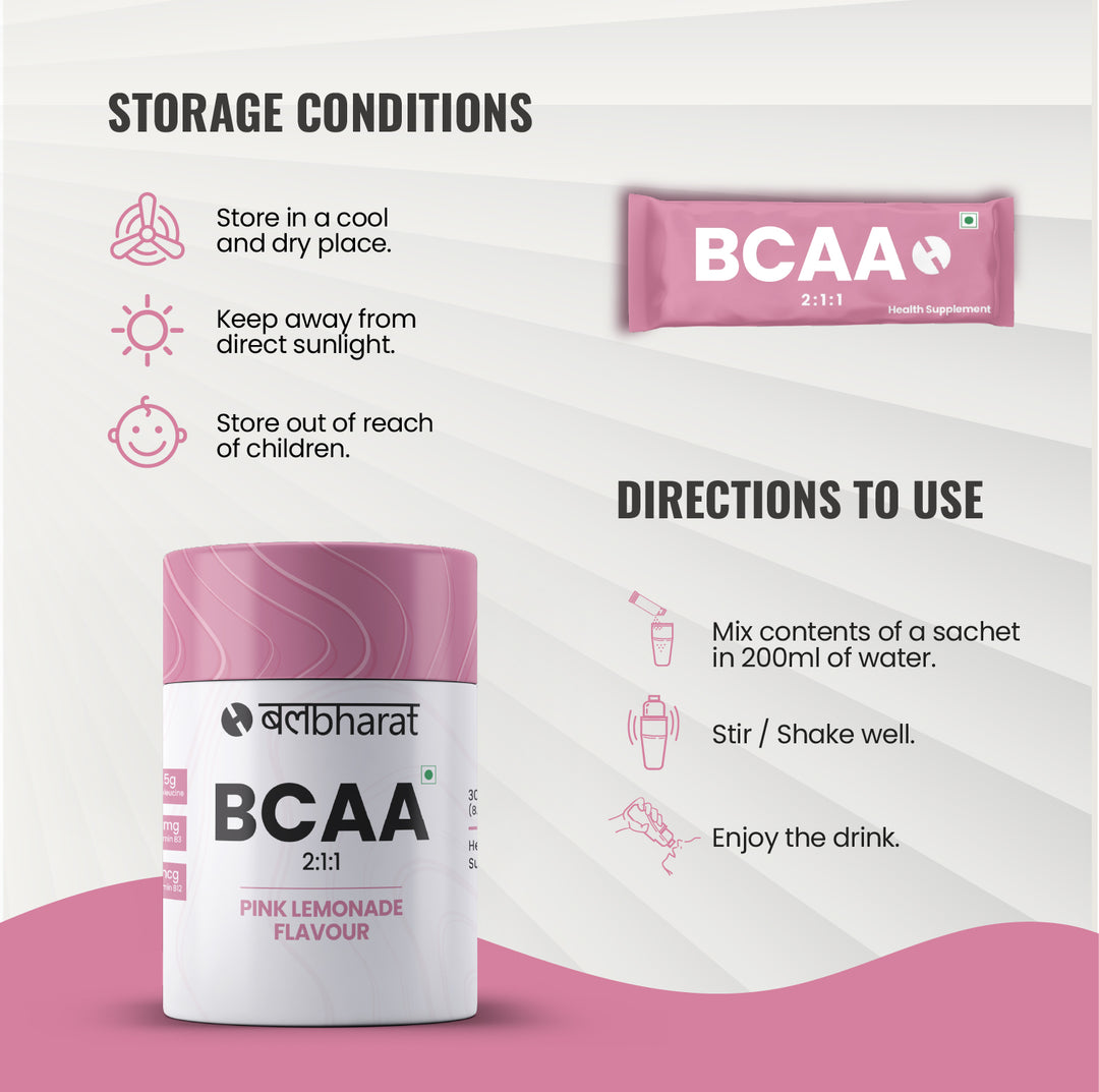 Bal Bharat BCAA 2:1:1 | 10g Per Serving, Pink Lemonade, Pouch | L-Leucine, L-Isoleucine, L-Valine, Recovery & Endurance