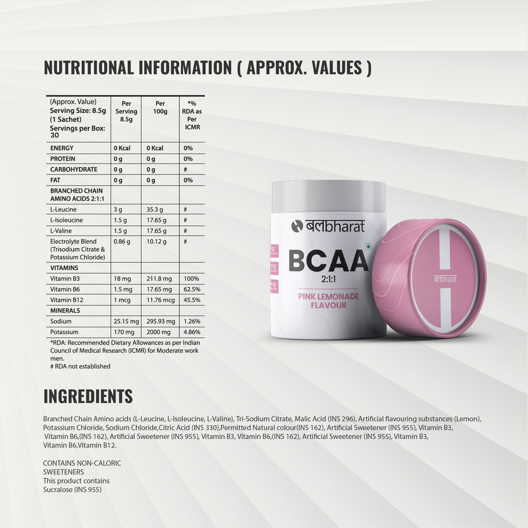 Bal Bharat BCAA 2:1:1 | 10g Per Serving, Pink Lemonade, Pouch | L-Leucine, L-Isoleucine, L-Valine, Recovery & Endurance