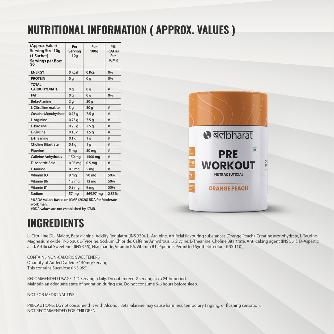 Bal Bharat Pre-Workout | 150mg Caffeine, Orange Peach, Pouch | Energy Boost, Focus & Endurance