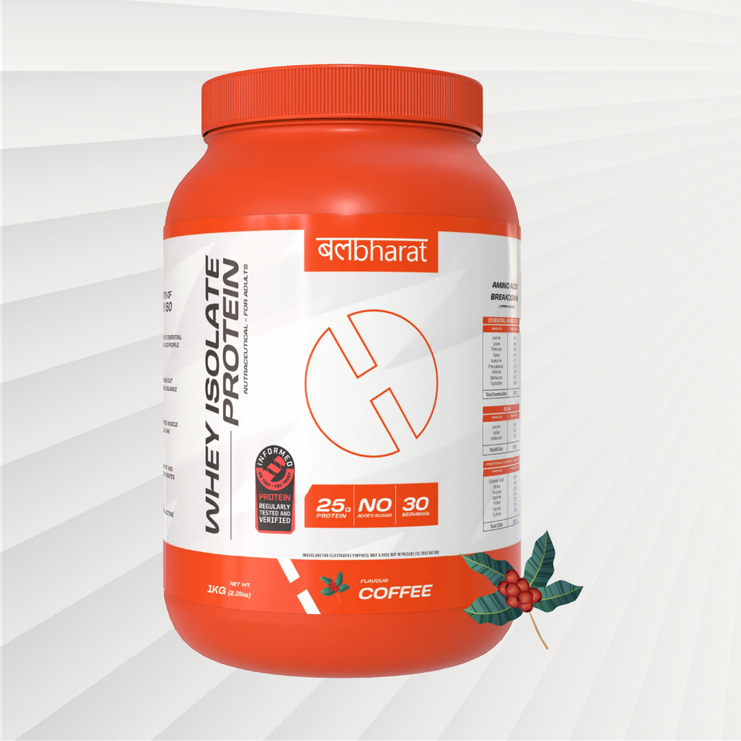 Bal Bharat Whey Protein Isolate | 25g Protein, Coffee Latte Flavor, 1kg (2.2lbs) | 100% Isolate