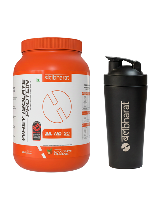 Bal Bharat Whey Protein Isolate | 25g Protein, 1kg (2.2lbs) | 100% Isolate and Metal shaker