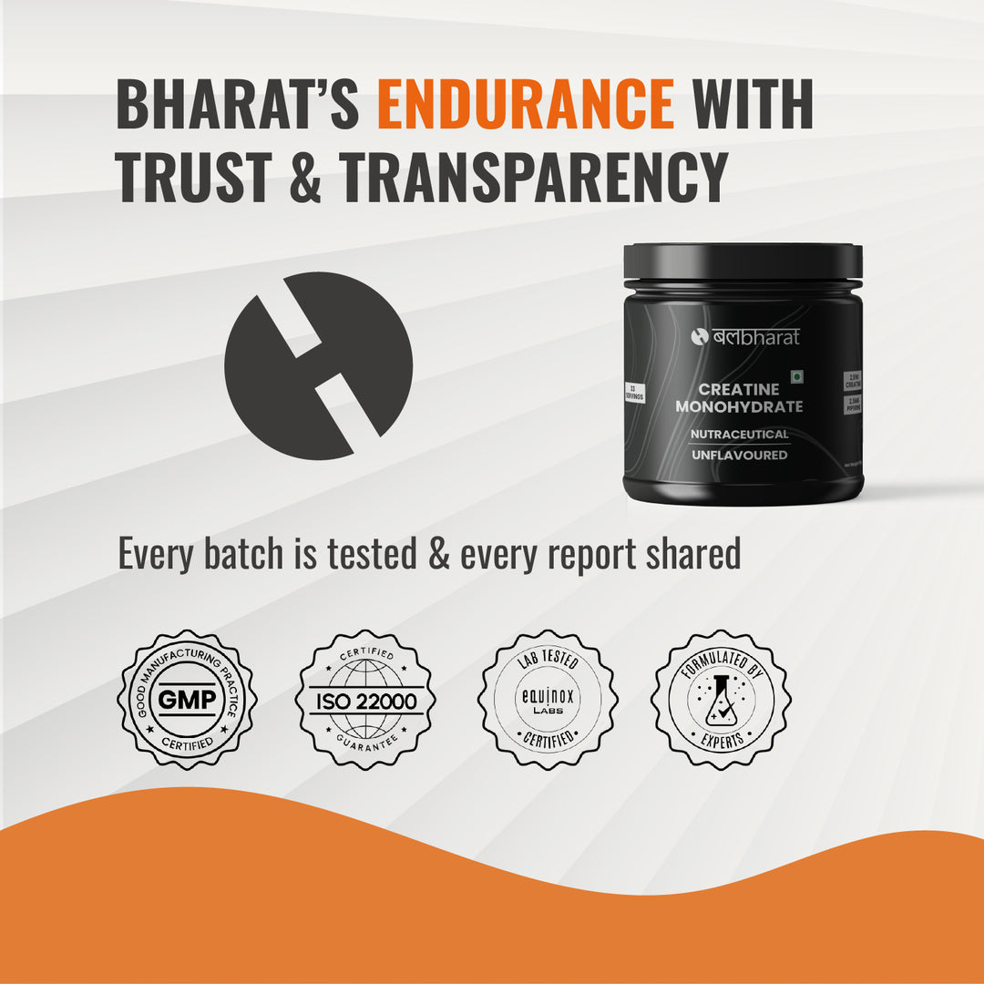 Bal Bharat Creatine Monohydrate with BioPerine® | 100g Unflavored | Micronized, Enhanced Absorption, Strength Booster