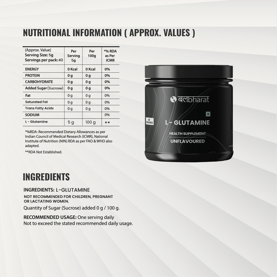 Bal Bharat L-Glutamine | 5g Pure Glutamine, 200g Unflavoured | Muscle Recovery, Immune Support, Fast Absorption