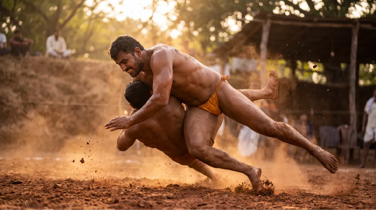 Two pehlwans grappling in a mud akhada at sunset